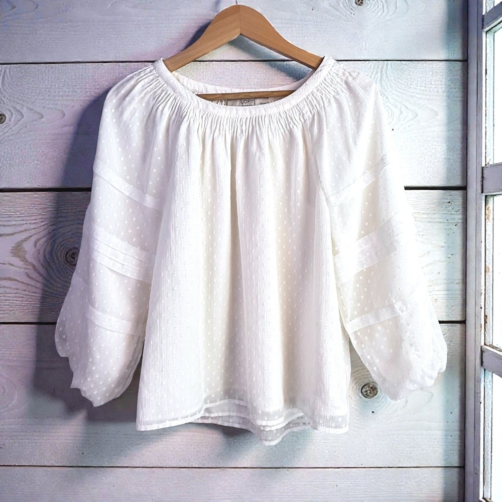 Romantic Peasant Blouse Loft MP White Swiss Dot Puff Sleeve Chiffon Top Ethereal